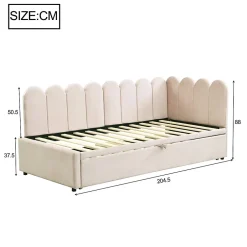 Redom Lit 90x200 cm en velours beige, convertible en 180x200 cm, forme en L avec dossier rembourré