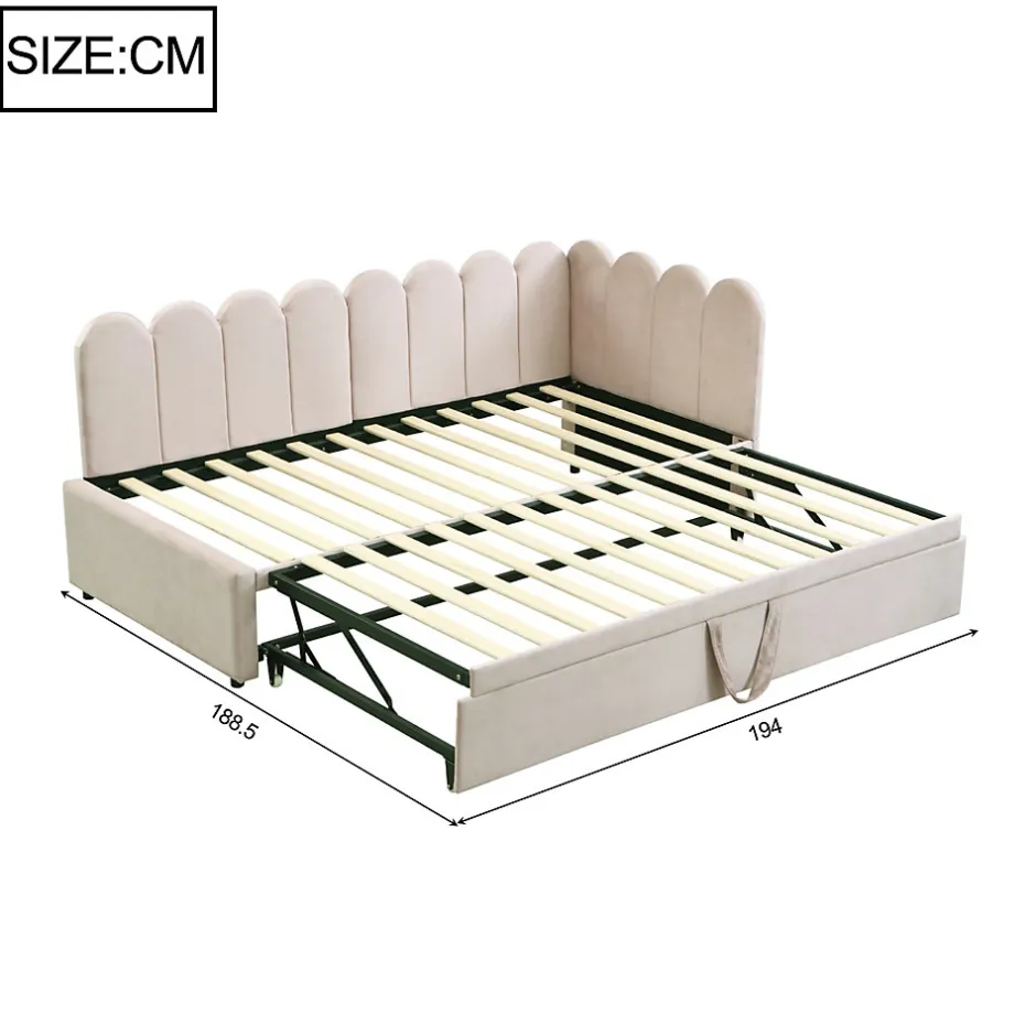 Redom Lit 90x200 cm en velours beige, convertible en 180x200 cm, forme en L avec dossier rembourré