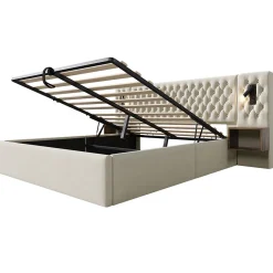 Redom Lit 180x200 cm en velours beige, tête de lit rembourrée et rangement hydraulique avec tables de chevet