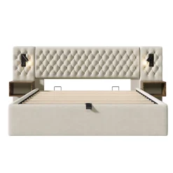 Redom Lit 180x200 cm en velours beige, tête de lit rembourrée et rangement hydraulique avec tables de chevet