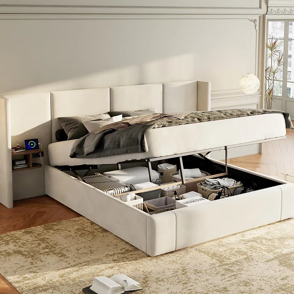 Redom Lit 160x200 cm en velours beige avec rangement hydraulique, 2 tables de chevet et prises USB Sale