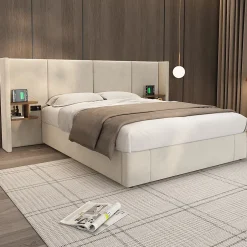 Redom Lit 160x200 cm en velours beige avec rangement hydraulique, 2 tables de chevet et prises USB Sale