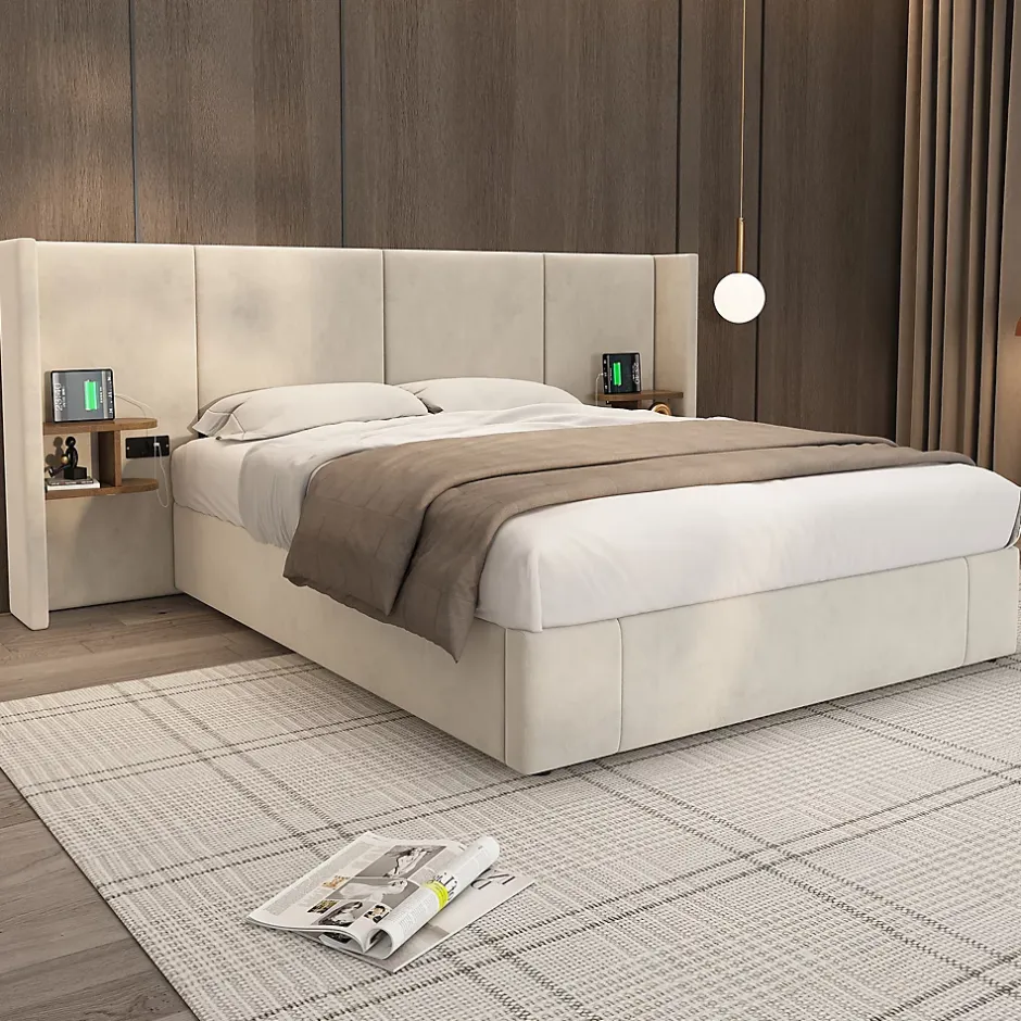 Redom Lit 160x200 cm en velours beige avec rangement hydraulique, 2 tables de chevet et prises USB Sale