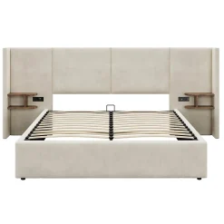Redom Lit 160x200 cm en velours beige avec rangement hydraulique, 2 tables de chevet et prises USB Sale