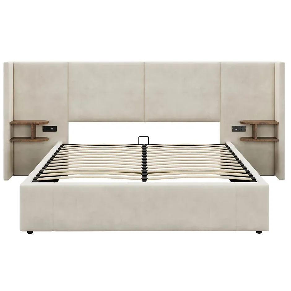Redom Lit 160x200 cm en velours beige avec rangement hydraulique, 2 tables de chevet et prises USB Sale