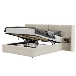 Redom Lit 160x200 cm en velours beige avec rangement hydraulique, 2 tables de chevet et prises USB Sale