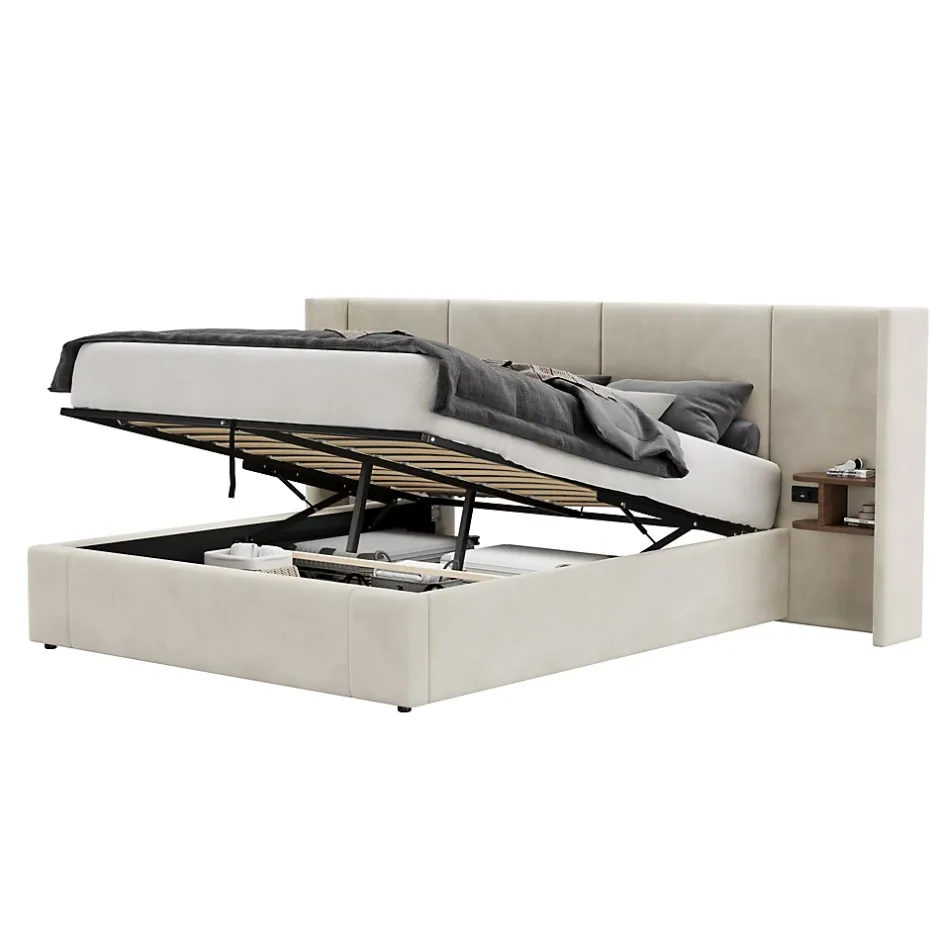 Redom Lit 160x200 cm en velours beige avec rangement hydraulique, 2 tables de chevet et prises USB Sale