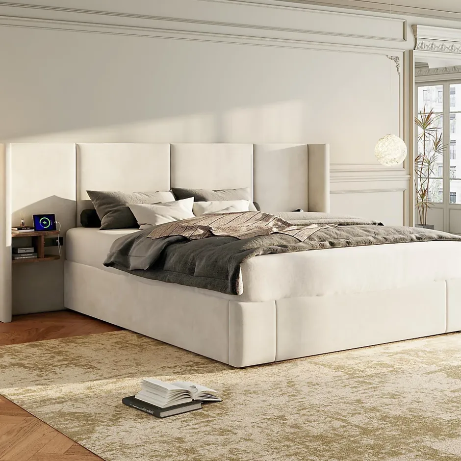Redom Lit 160x200 cm en velours beige avec rangement hydraulique, 2 tables de chevet et prises USB Sale