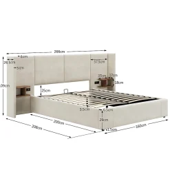 Redom Lit 160x200 cm en velours beige avec rangement hydraulique, 2 tables de chevet et prises USB Sale