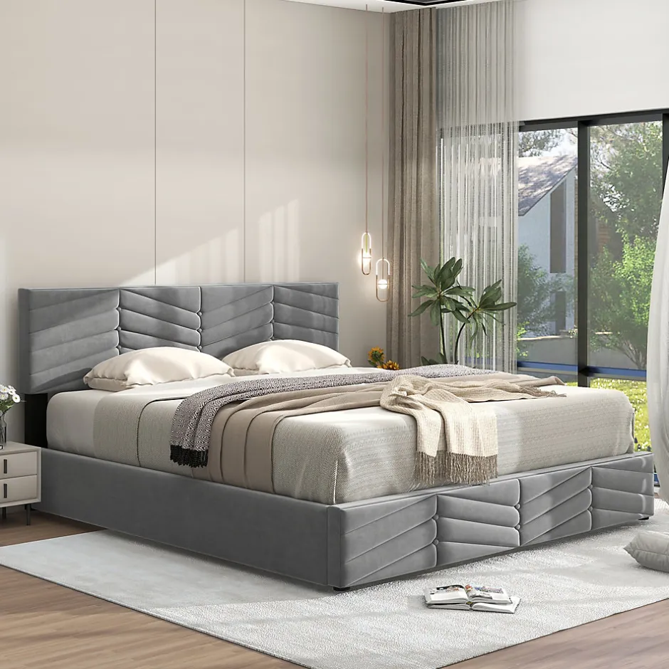 Redom Lit 140x190 cm en velours gris avec rangement hydraulique, tête de lit réglable et finition rayée élégante