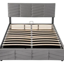 Redom Lit 140x190 cm en velours gris avec rangement hydraulique, tête de lit réglable et finition rayée élégante