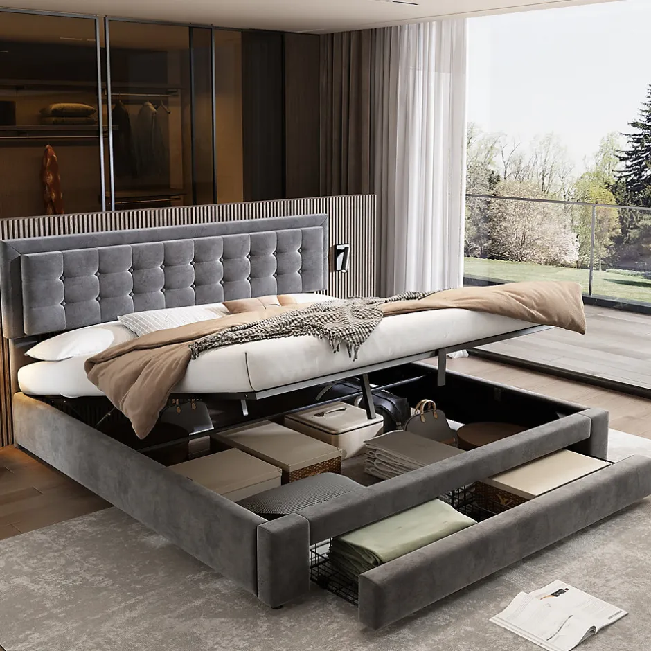 Redom Lit 180x200 cm en velours gris avec grand coffre de rangement et tête de lit réglable, style européen élégant