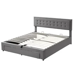 Redom Lit 180x200 cm en velours gris avec grand coffre de rangement et tête de lit réglable, style européen élégant