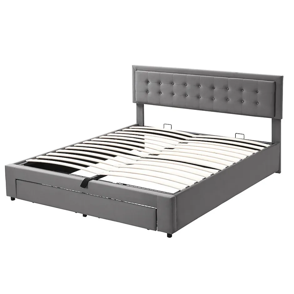 Redom Lit 180x200 cm en velours gris avec grand coffre de rangement et tête de lit réglable, style européen élégant