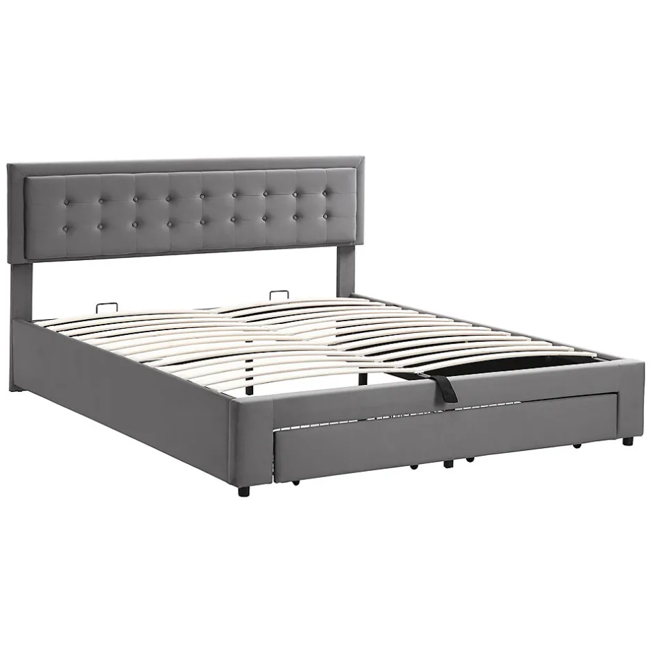 Redom Lit 180x200 cm en velours gris avec grand coffre de rangement et tête de lit réglable, style européen élégant