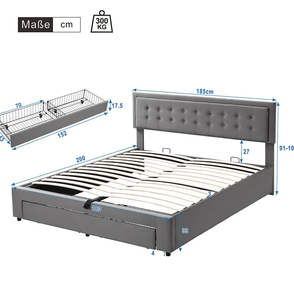 Redom Lit 180x200 cm en velours gris avec grand coffre de rangement et tête de lit réglable, style européen élégant