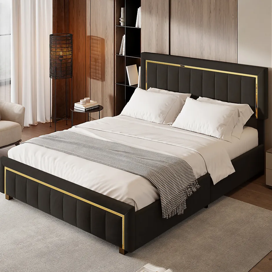 ProximaX Lit 140x200 cm en velours noir à rayures verticales avec bordure dorée, Design élégant et moderne pour chambre adulte ou ado