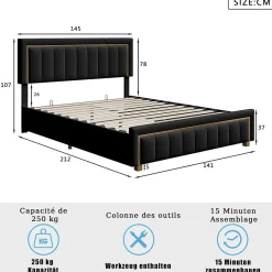 ProximaX Lit 140x200 cm en velours noir à rayures verticales avec bordure dorée, Design élégant et moderne pour chambre adulte ou ado