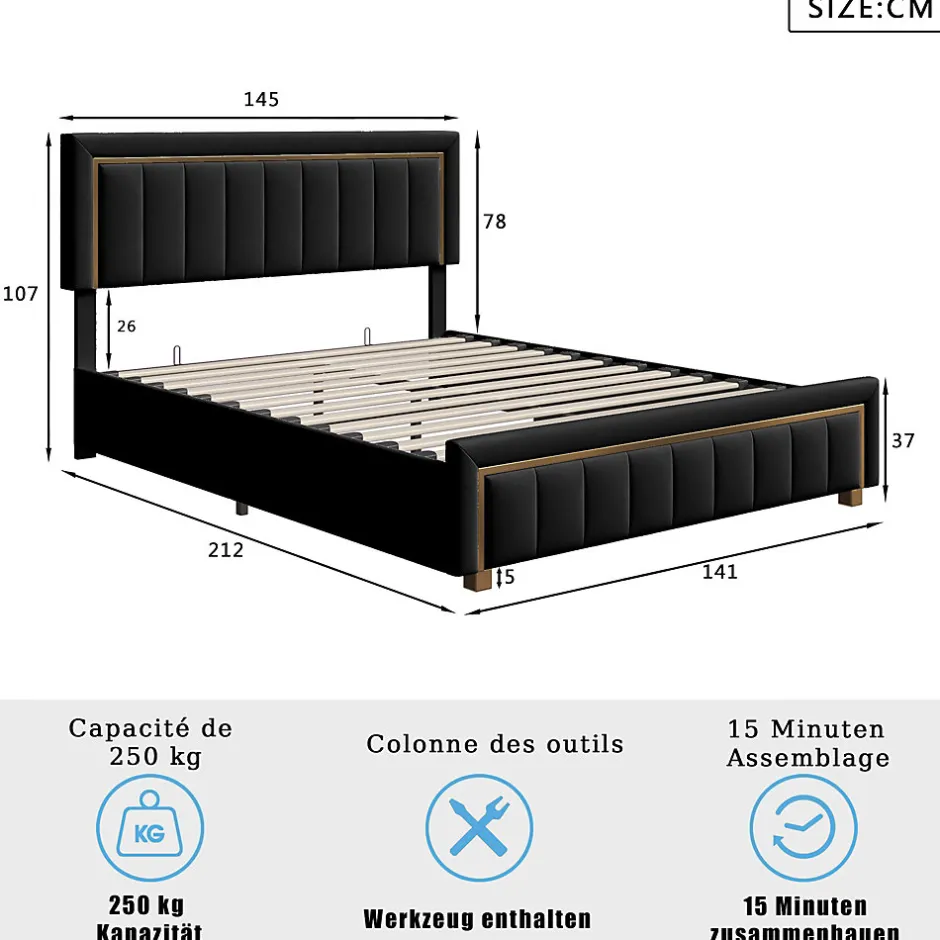 ProximaX Lit 140x200 cm en velours noir à rayures verticales avec bordure dorée, Design élégant et moderne pour chambre adulte ou ado