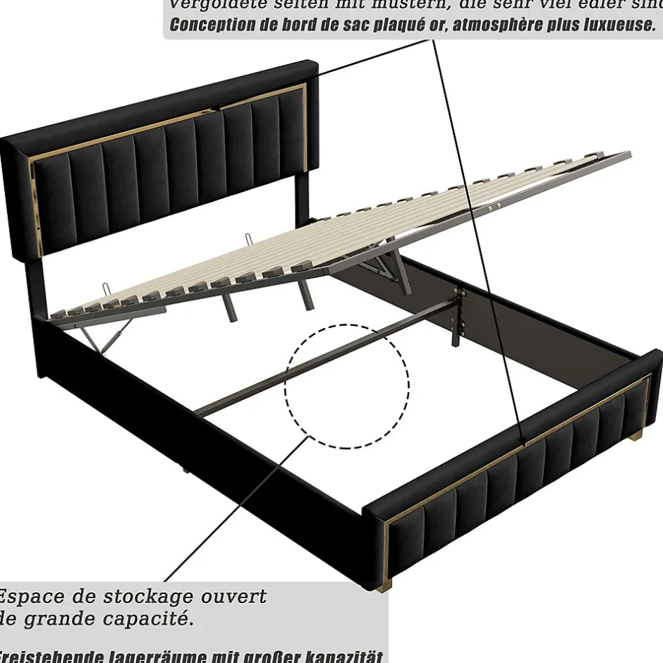 ProximaX Lit 140x200 cm en velours noir à rayures verticales avec bordure dorée, Design élégant et moderne pour chambre adulte ou ado