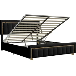 ProximaX Lit 140x200 cm en velours noir à rayures verticales avec bordure dorée, Design élégant et moderne pour chambre adulte ou ado