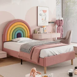 Redom Lit 90x200 cm en velours rose avec tête de lit réglable de 6 cm, sommier 12 lattes et pieds stables, moderne