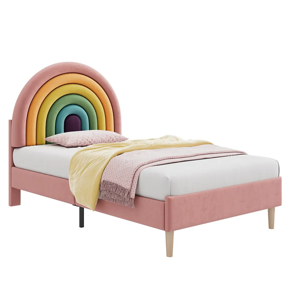 Redom Lit 90x200 cm en velours rose avec tête de lit réglable de 6 cm, sommier 12 lattes et pieds stables, moderne