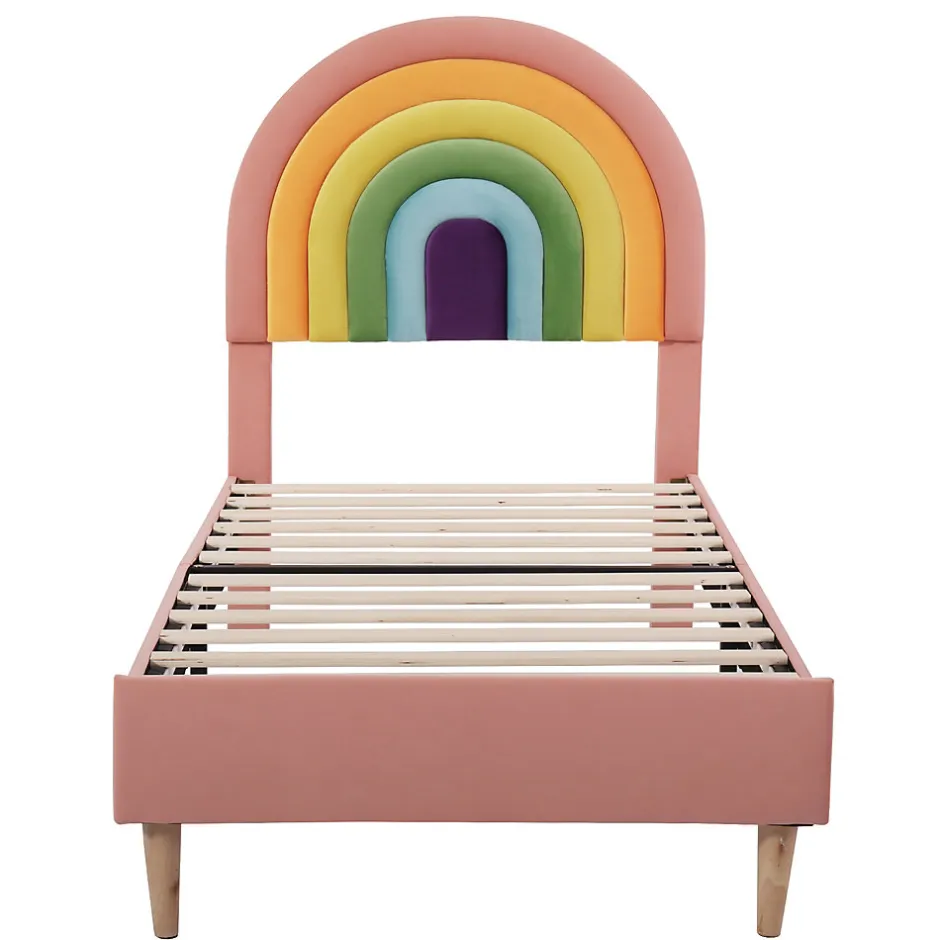 Redom Lit 90x200 cm en velours rose avec tête de lit réglable de 6 cm, sommier 12 lattes et pieds stables, moderne