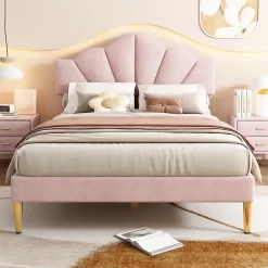 Redom Lit 140x200 cm en velours rose avec tête de lit réglable, pieds métal doré et sommier à lattes bois Discount