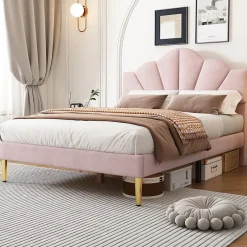 Redom Lit 140x200 cm en velours rose avec tête de lit réglable, pieds métal doré et sommier à lattes bois Discount