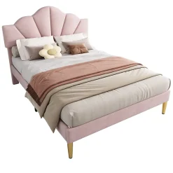 Redom Lit 140x200 cm en velours rose avec tête de lit réglable, pieds métal doré et sommier à lattes bois Discount