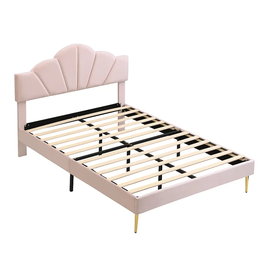 Redom Lit 140x200 cm en velours rose avec tête de lit réglable, pieds métal doré et sommier à lattes bois Discount