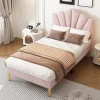 Redom Lit 90x200 cm en velours rose avec tête de lit réglable style coquillage et pieds métal doré, élégant