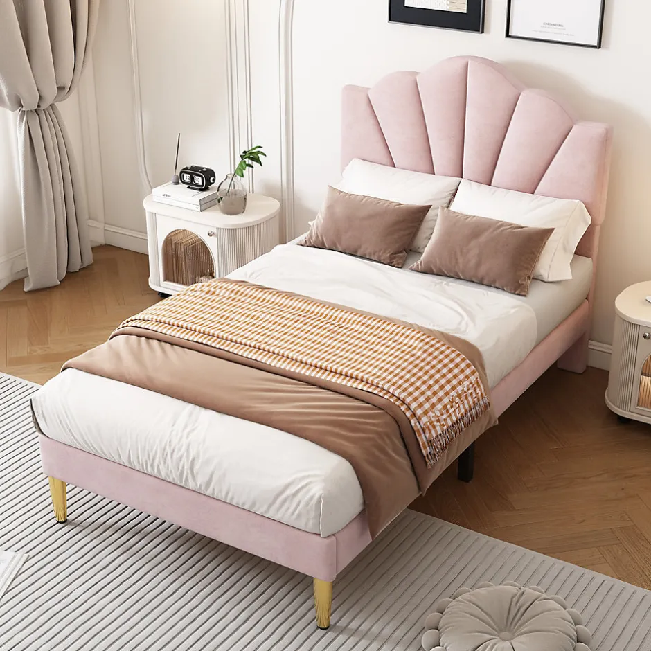 Redom Lit 90x200 cm en velours rose avec tête de lit réglable style coquillage et pieds métal doré, élégant