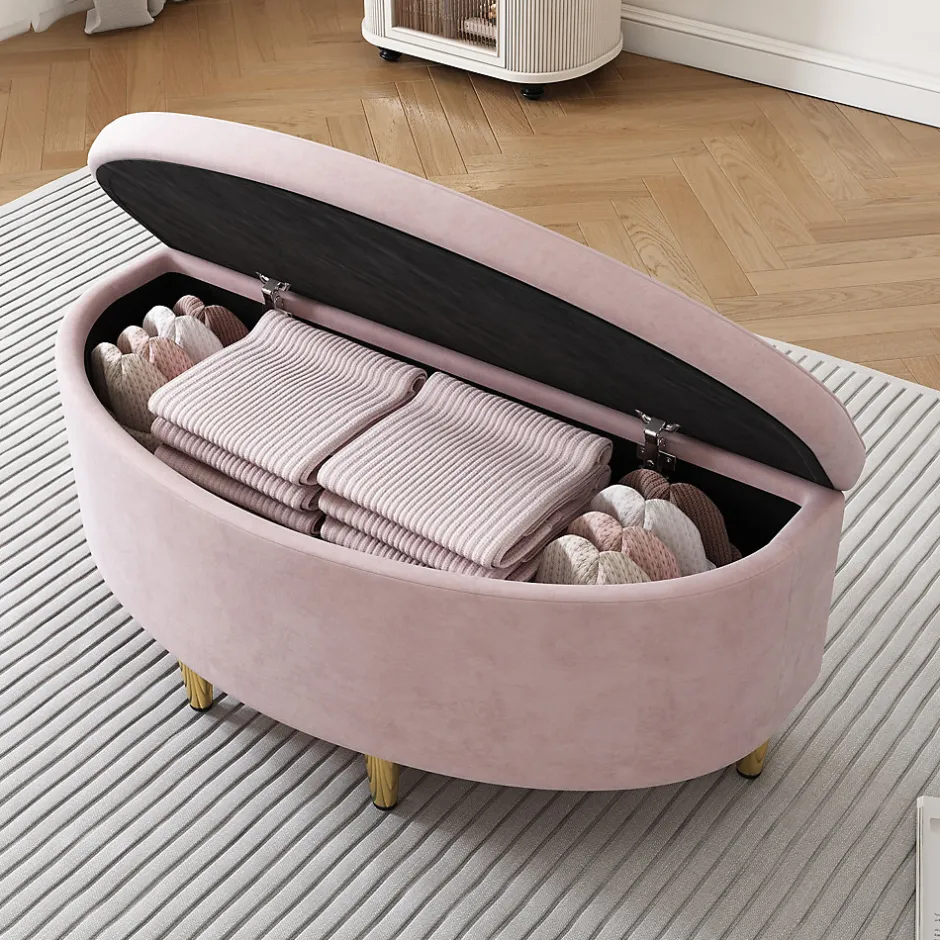 Redom Lit 90x200 cm en velours rose avec tête de lit réglable style coquillage et pieds métal doré, élégant