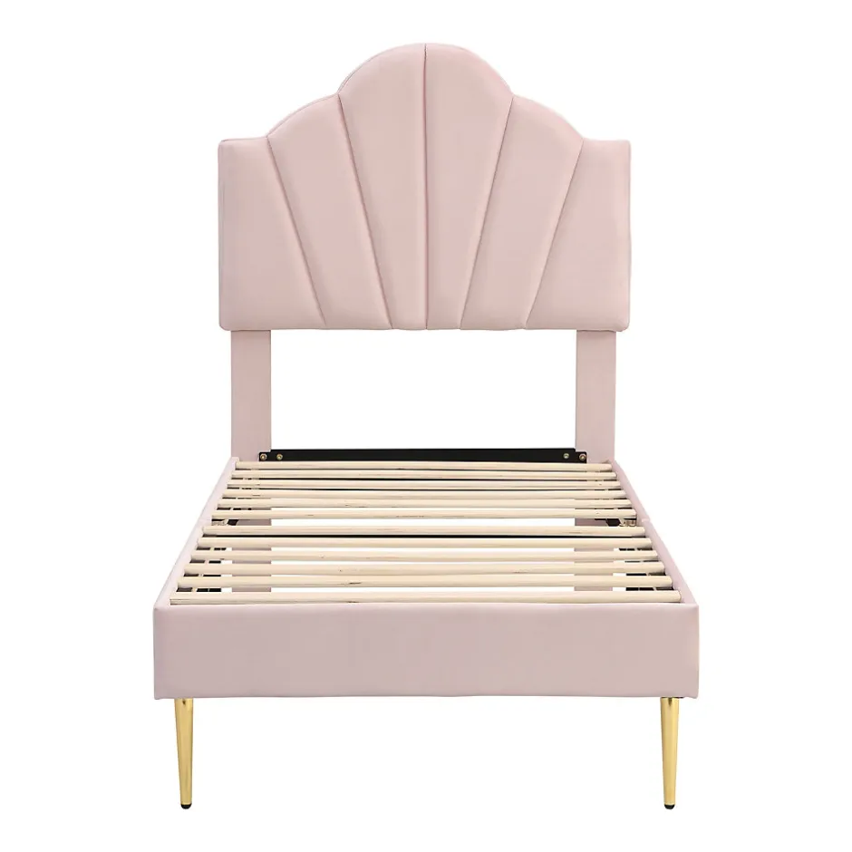 Redom Lit 90x200 cm en velours rose avec tête de lit réglable style coquillage et pieds métal doré, élégant