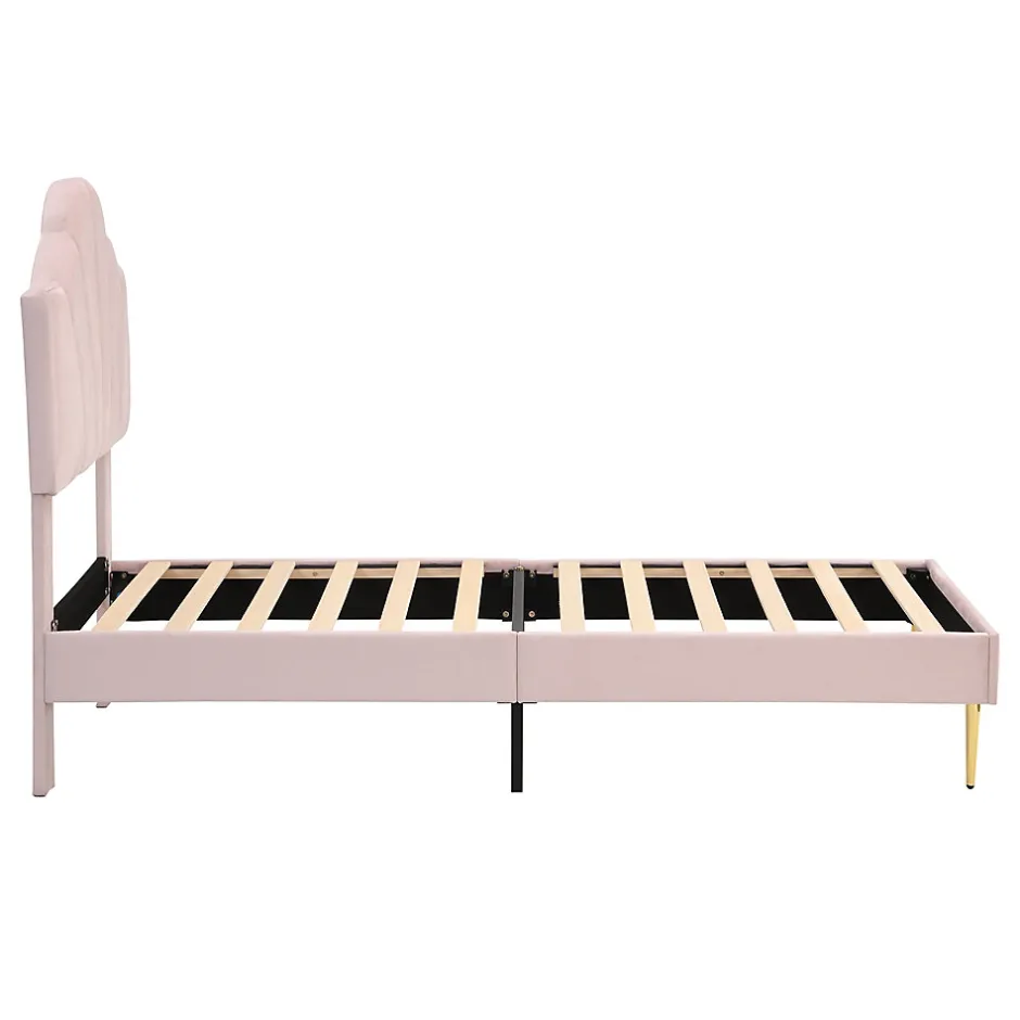 Redom Lit 90x200 cm en velours rose avec tête de lit réglable style coquillage et pieds métal doré, élégant