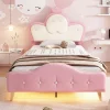 Enfant Redom Lit 90x200 cm enfant avec tête rembourrée en vague et couronne, PU blanc/rose et bande LED intégrée