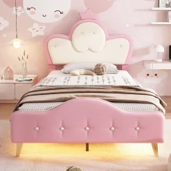 Enfant Redom Lit 90x200 cm enfant avec tête rembourrée en vague et couronne, PU blanc/rose et bande LED intégrée