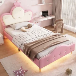 Enfant Redom Lit 90x200 cm enfant avec tête rembourrée en vague et couronne, PU blanc/rose et bande LED intégrée