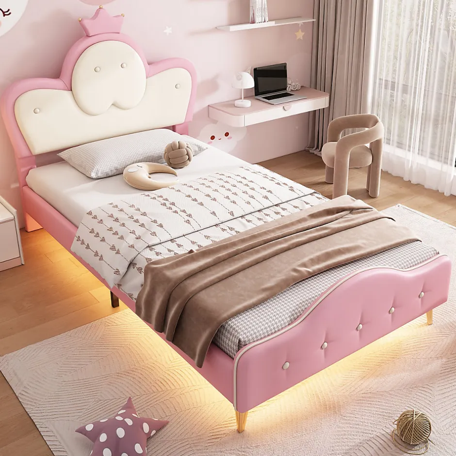 Enfant Redom Lit 90x200 cm enfant avec tête rembourrée en vague et couronne, PU blanc/rose et bande LED intégrée