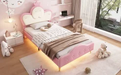 Enfant Redom Lit 90x200 cm enfant avec tête rembourrée en vague et couronne, PU blanc/rose et bande LED intégrée