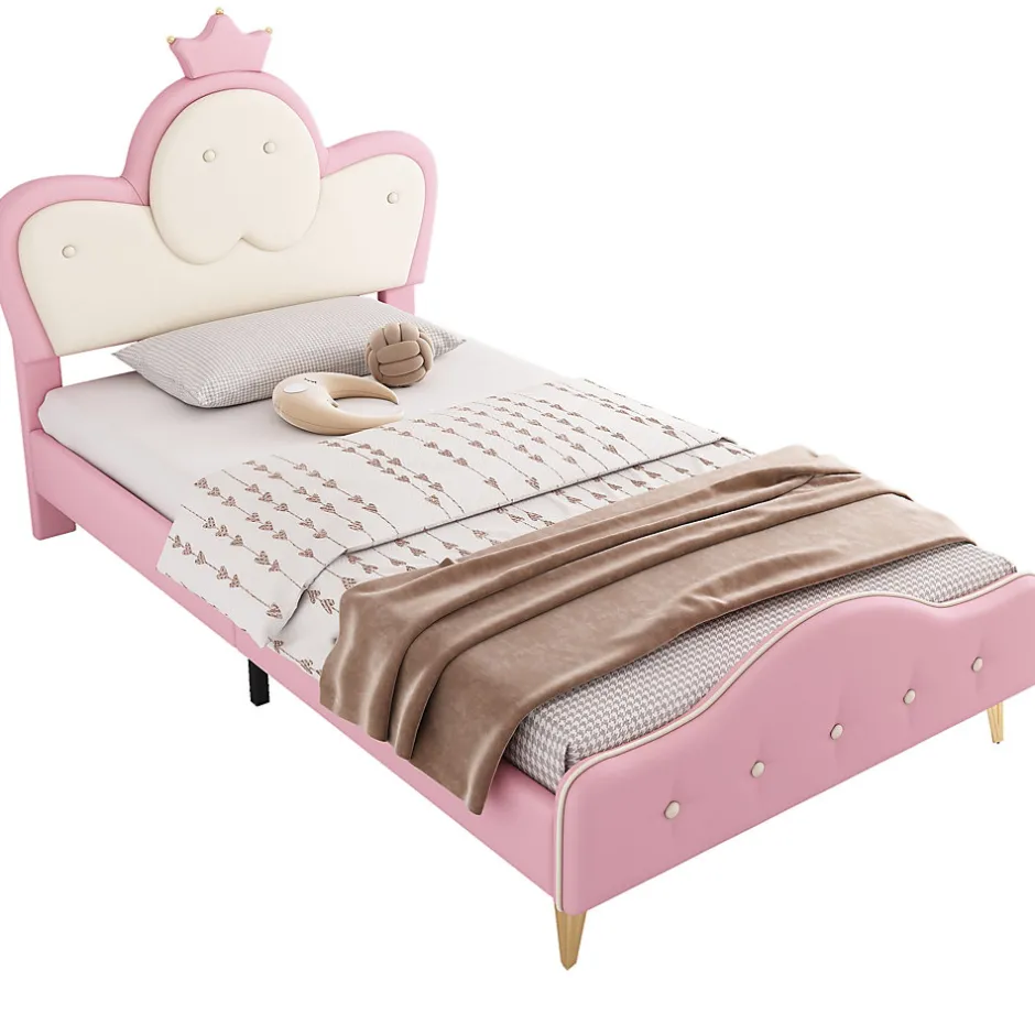 Enfant Redom Lit 90x200 cm enfant avec tête rembourrée en vague et couronne, PU blanc/rose et bande LED intégrée