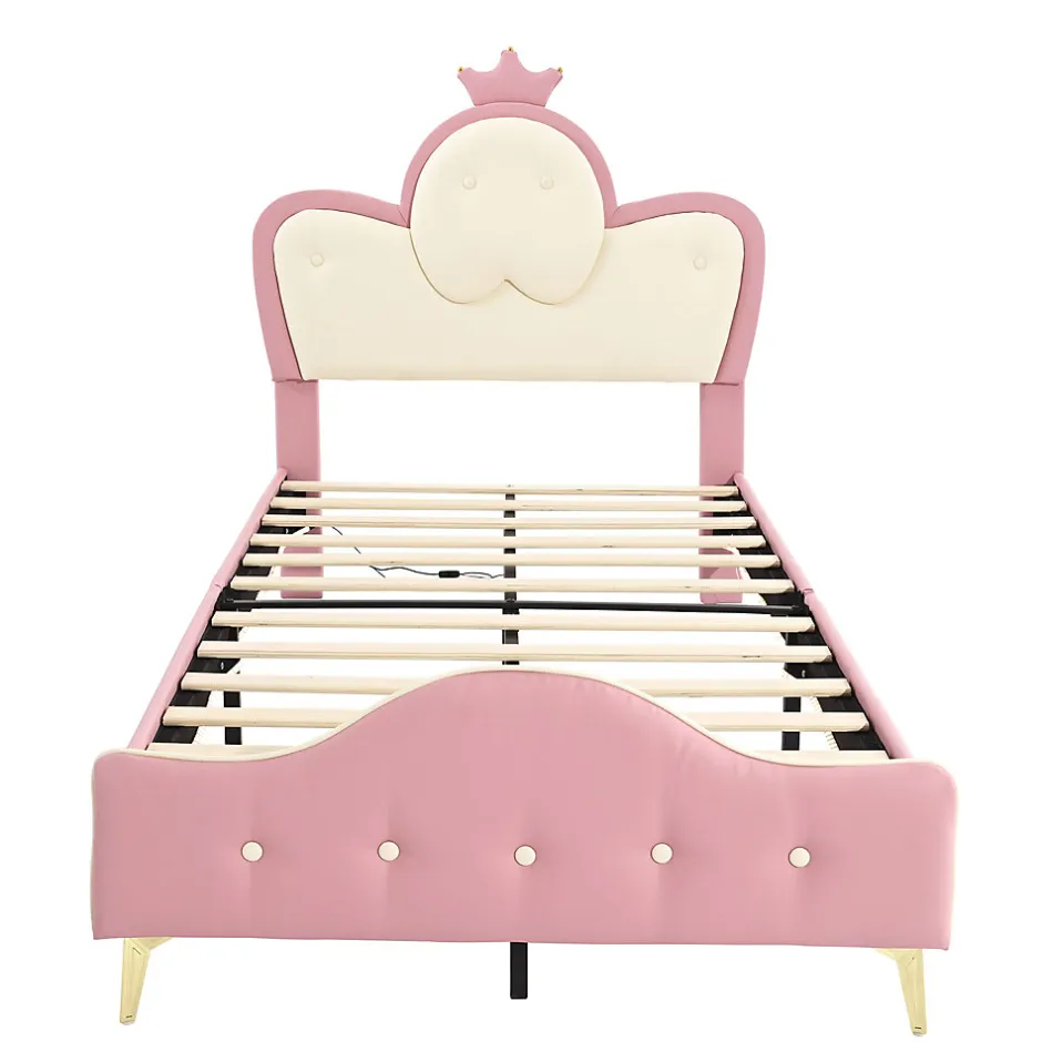 Enfant Redom Lit 90x200 cm enfant avec tête rembourrée en vague et couronne, PU blanc/rose et bande LED intégrée