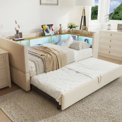 Redom Lit 90/180x190 cm extensible avec rangements intégrés, éclairage LED, prises et tissu flanelle beige
