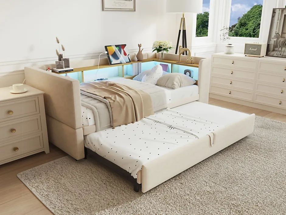 Redom Lit 90/180x190 cm extensible avec rangements intégrés, éclairage LED, prises et tissu flanelle beige