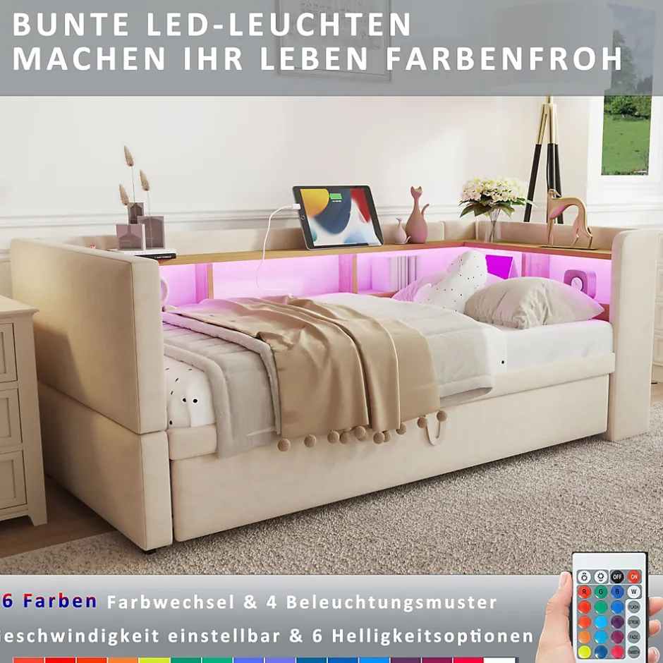 Redom Lit 90/180x190 cm extensible avec rangements intégrés, éclairage LED, prises et tissu flanelle beige