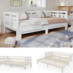 Redom Lit 90x200 cm extensible avec 2e couchage et tête en forme de cœur en pin massif blanc, design romantique