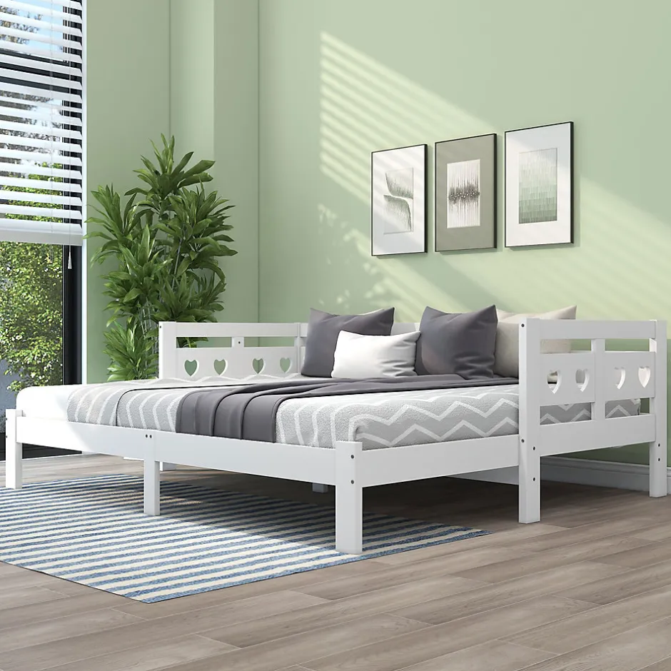 Redom Lit 90x200 cm extensible avec 2e couchage et tête en forme de cœur en pin massif blanc, design romantique