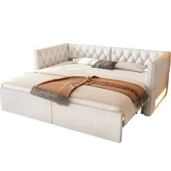 Redom Lit 90x200 cm extensible en 180x200 cm avec éclairage LED, revêtement lin beige, design contemporain